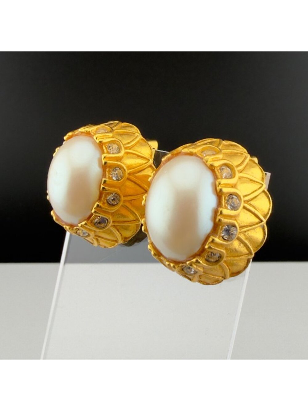 Gold Tone Faux Pearl Rhinestone Clip On Earrings Statement Textured Oval